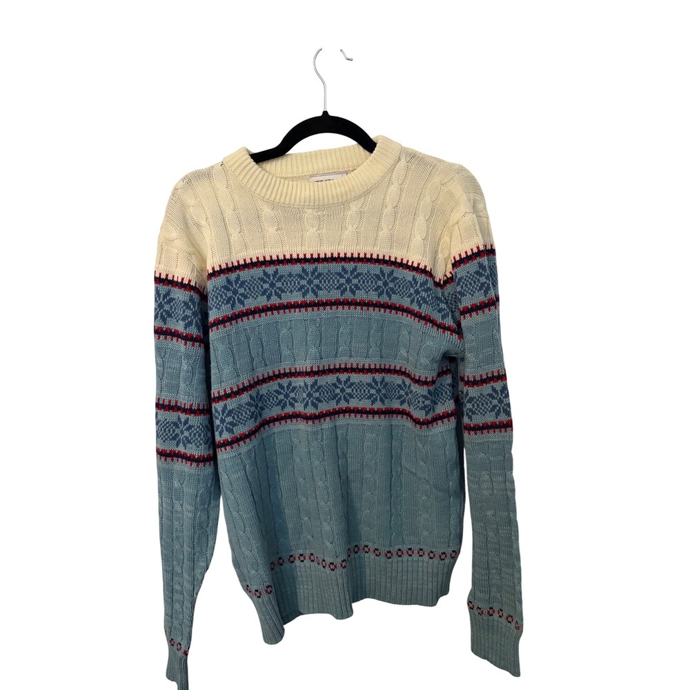 Trent Vintage Fair Isle Cable Knit Sweater Mens Large Blue White Snowflake Retro